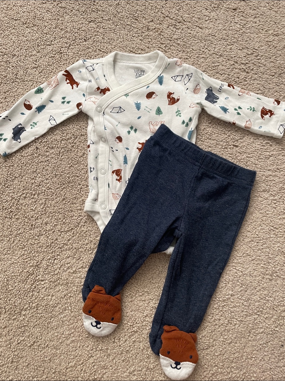 Neutral Woodland Print Snap Bodysuit & Navy Fox Footed Pants